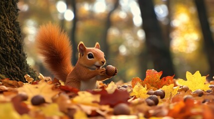 Poster - Adorable red squirrel eating an acorn amidst autumn leaves.