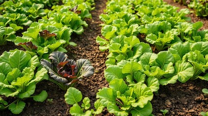 Wall Mural - Fresh green lettuce leaves thriving in nutrient-rich earth in a vibrant garden setting, cultivation, harvest