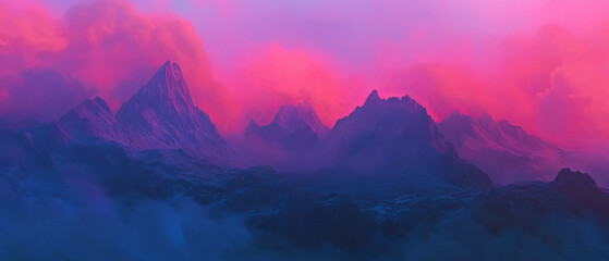 Poster - Majestic mountain peaks shrouded in tranquil hues of pink and purple during sunset