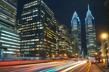 Night cityscape, traffic streaks, city center, illuminated buildings, urban scene