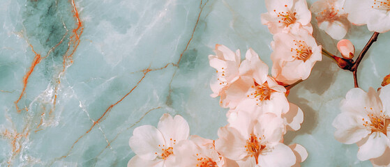 Poster - Beautiful light pink cherry blossoms create a delicate spring banner template