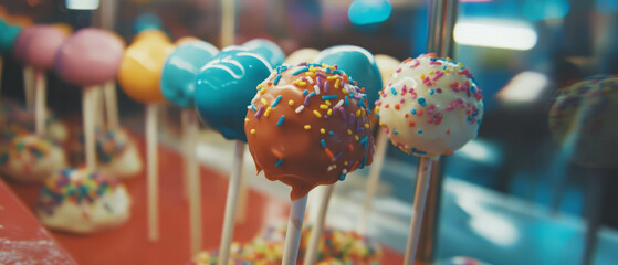 Aufkleber - Colorful cake pops with various coatings and sprinkles displayed in a festive setting