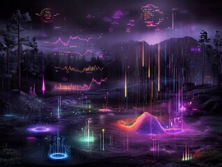 Poster - This image presents a captivating futuristic landscape that combines intricate topographic data visualizations with striking atmospheric weather patterns  The intricate
