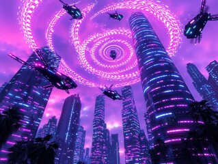 Poster - Glowing kaleidoscopic fractals undulate with mesmerizing bioluminescence illuminating the towering skyscrapers and flying vehicles of a hyper advanced cityscape