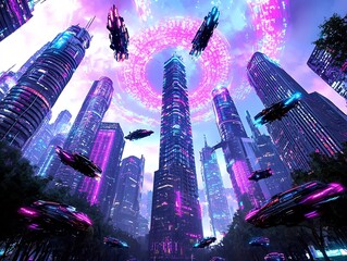 Poster - Mesmerizing bioluminescent fractals undulate and pulsate casting a kaleidoscopic glow over a hyper advanced cityscape of towering skyscrapers and flying vehicles  Vibrant neon colors
