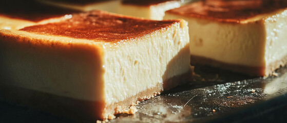Poster - Decadent cheesecakes with creamy filling presented on a rustic surface