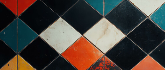 Poster - Colorful harlequin pattern designed with diamond tiles in vibrant hues and contrasting shades