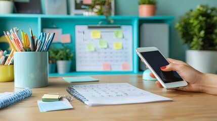 Wall Mural - A desk setup with a calendar, sticky notes, and a smartphone showing reminders Stock Photo with side copy space.