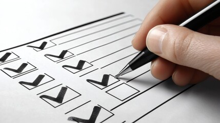Poster - A person crossing out completed tasks on a checklist Stock Photo with side copy space.