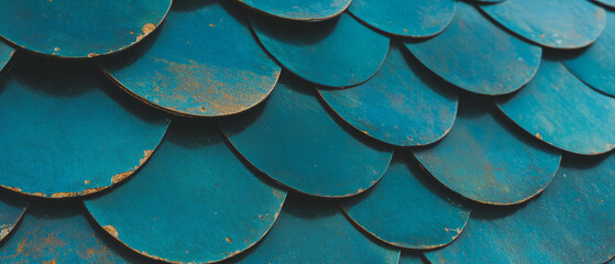 Poster - Elegant fish scale tile pattern with curved lines in rich turquoise hues