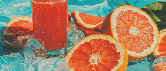 Poster - Refreshing grapefruit juice served over ice with fresh slices in a bright setting