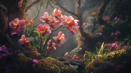 Poster - Pink orchids blossom in a mystical, sunlit forest scene with lush foliage and moss-covered roots.