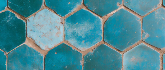 Poster - Hexagonal tile honeycomb pattern with geometric and natural elements in rich blue tones