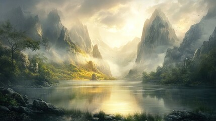 Sticker - Serene mountain lake at sunrise, mist-shrouded peaks reflecting golden light.