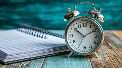 Aufkleber - Time management practices illustrated through a neatly organized planner and clock Stock Photo with side copy space.