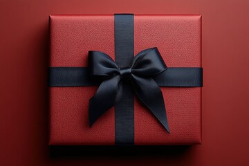 Red gift box, black ribbon, flat lay, solid red background for web use