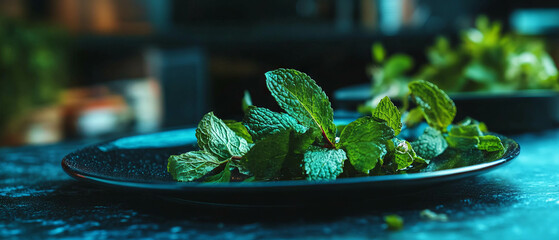 Poster - Fresh mint garnish on a decorative plate enhancing culinary presentation