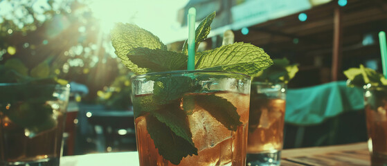 Poster - Refreshing mint iced tea in a sunny outdoor setting for summer enjoyment