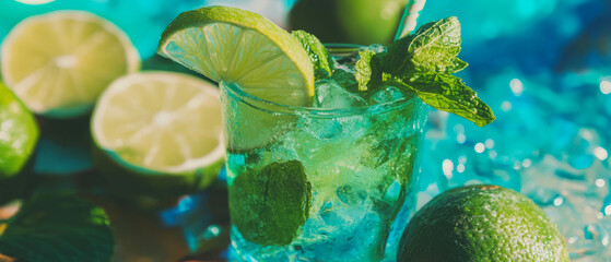 Poster - Mint mojito cocktail garnished with fresh lime and mint leaves in a vibrant setting