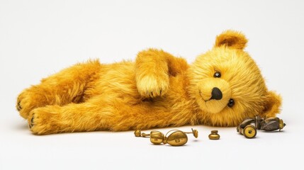 Wall Mural - A teddy bear with soft golden fur, lying down comfortably, surrounded by a few small accessories, on a white background. 