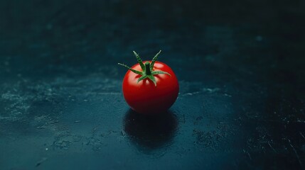 Wall Mural - Single red cherry tomato on dark background.