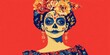 © ABDULHAMID - A woman with skull face paint and wearing flower crown with mexican cultural dress on red background