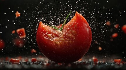 Wall Mural - Smashed red tomato with splashing water droplets and diced pieces.