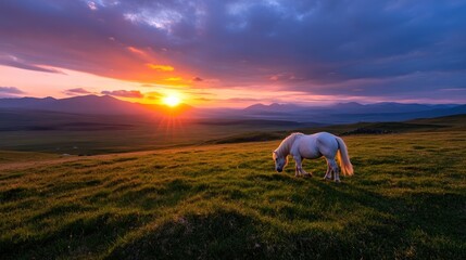 Wall Mural - Majestic Sunset Landscape with a White Horse Grazing in a Serene Meadow