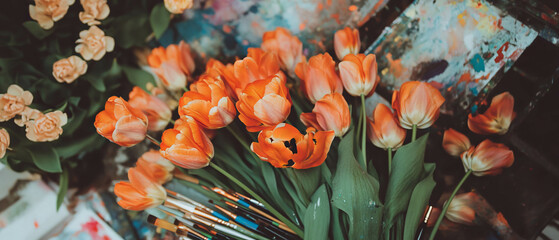 Poster - Vibrant orange tulips and paintbrushes create a creative flat lay for artistic inspiration