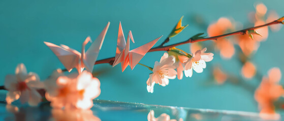 Poster - Delicate pink cherry blossoms and origami cranes create a serene Japanese flat lay
