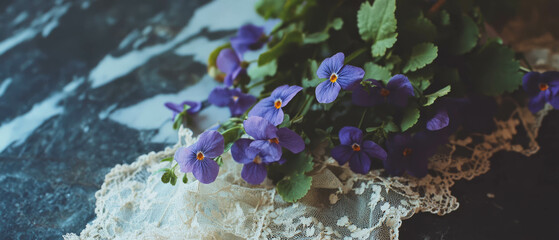 Poster - Purple violets arranged with vintage lace create a delicate flat lay setting