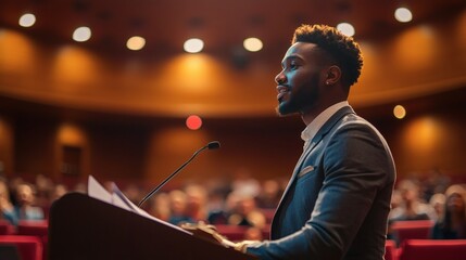 Poster - A confident presenter delivering a talk to an attentive audience Stock Photo with side copy space.