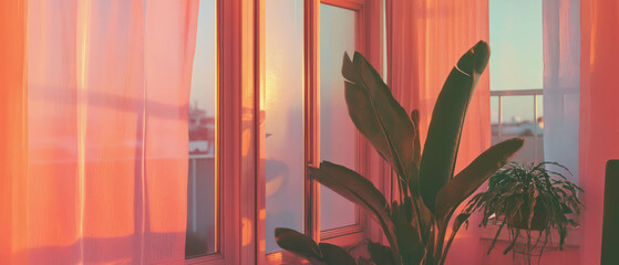 Poster - Soft pastel hues illuminate a serene indoor space at sunset