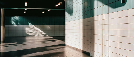 Poster - Minimalist interior featuring stacked subway tiles with clean lines and soft shadows