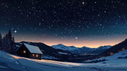 Sticker - Cozy cabin nestled in snowy mountains under a starry night sky.