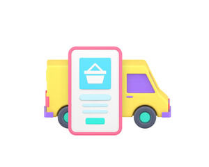 Poster - Online shopping order delivery digital store smartphone application 3d icon realistic vector illustration. Shop mobile phone application supermarket marketplace purchase shipment truck retail commerce