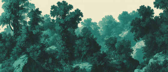 Aufkleber - Intricate vintage toile pattern depicting lush forest scenery and detailed foliage