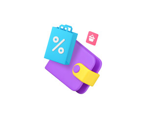 Poster - Shopping sale discount wallet payment with cart order 3d icon realistic vector illustration. Store shop supermarket cash paying buy goods purchase commercial business retail financial pay transaction