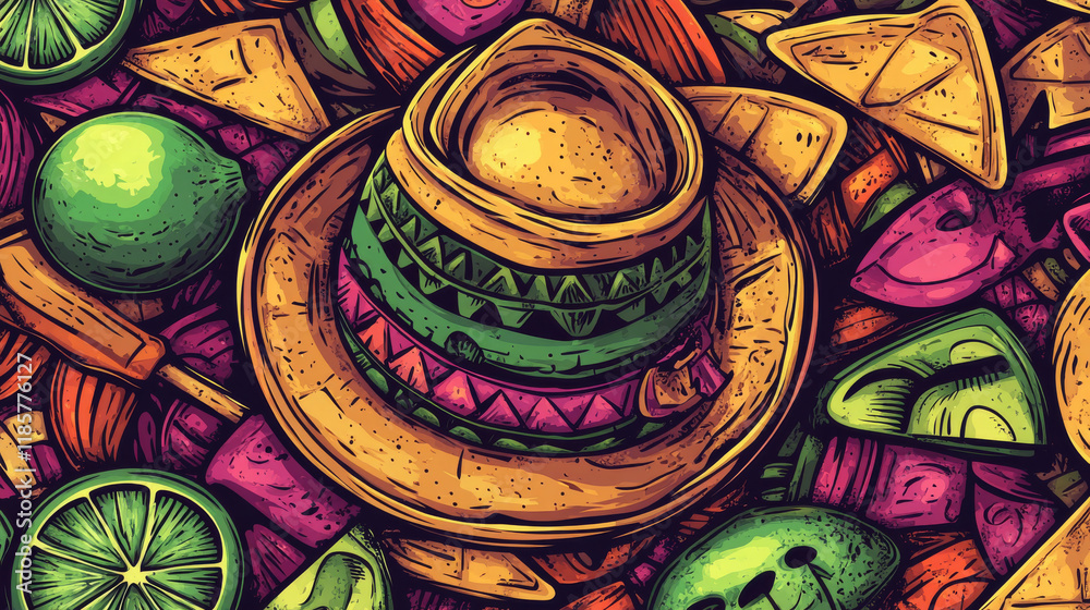 Viva Mexico vector round icon. Mexican sombrero with mustaches, lime ...