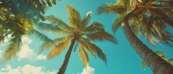 Poster - Tropical island palm trees sway under a bright blue sky filled with soft white clouds