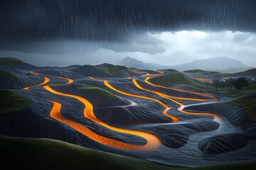 Poster - Captivating Data Driven Landscape Depicting the Intricate Flow of Rainfall Patterns Across a Sprawling Natural Environment with Undulating Hills Winding Rivers