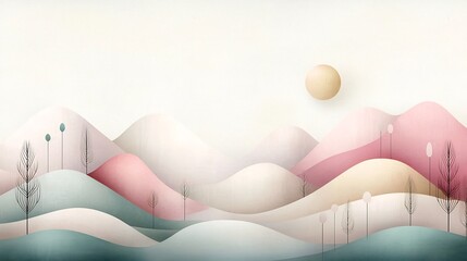 Poster - Serene and tranquil landscape with a soft pastel gradient transitioning from pink to beige featuring a light textured overlay and a minimalist contemporary design