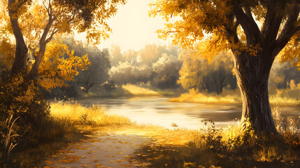 Aufkleber - A serene landscape with golden autumn trees framing a peaceful river under soft sunlight, creating a tranquil and picturesque nature scene