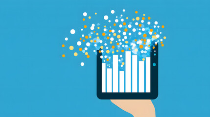 Poster - A hand holds a tablet displaying rising bars and colorful sparks, symbolizing growth, innovation, and data visualization
