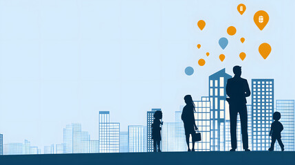 Poster - Silhouettes of people against a city skyline, with location pins in the sky, illustrating urban life and connectivity