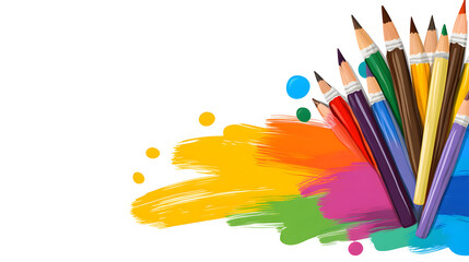 Poster - A vibrant arrangement of colored pencils next to colorful paint strokes, evoking creativity and artistic expression