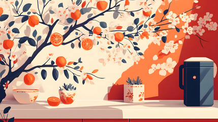 Poster - A vibrant still life featuring a blooming citrus tree with oranges, a cozy kitchen scene, and decorative elements in warm colors