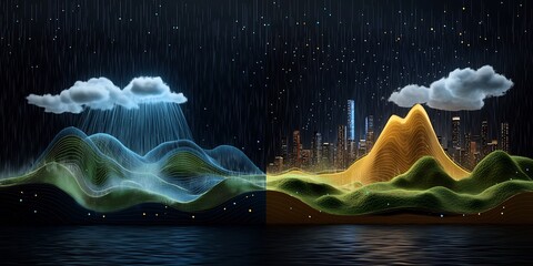 Poster - Vibrant topographic rainfall landscape with captivating cartographic data visualization dynamic atmospheric patterns