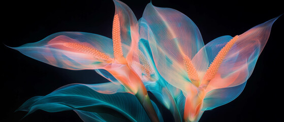 Poster - Vibrant X-ray representation of heliconia flower with intricate bracts and tropical features
