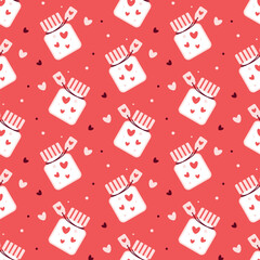 Poster - Adorable Jar of Hearts Pattern on a Coral Red Background Valentines Day seamless pattern Square vector backdrop, wedding, packaging, wrapping paper, wallpaper, fabric, textile, holiday template